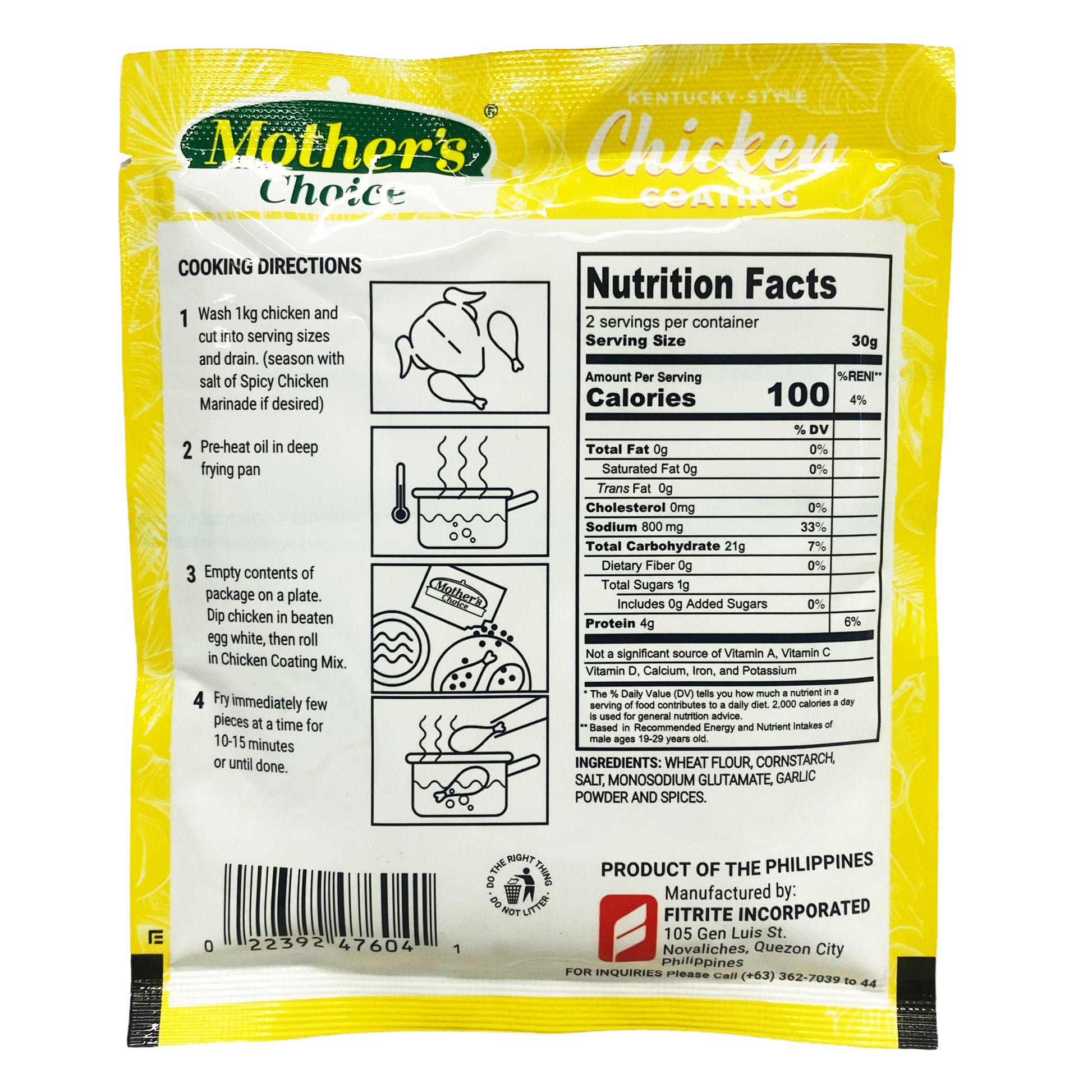 Back graphic image of Mother's Choice Kentucky-Style Chicken Coating Mix 2.46oz (70g) 