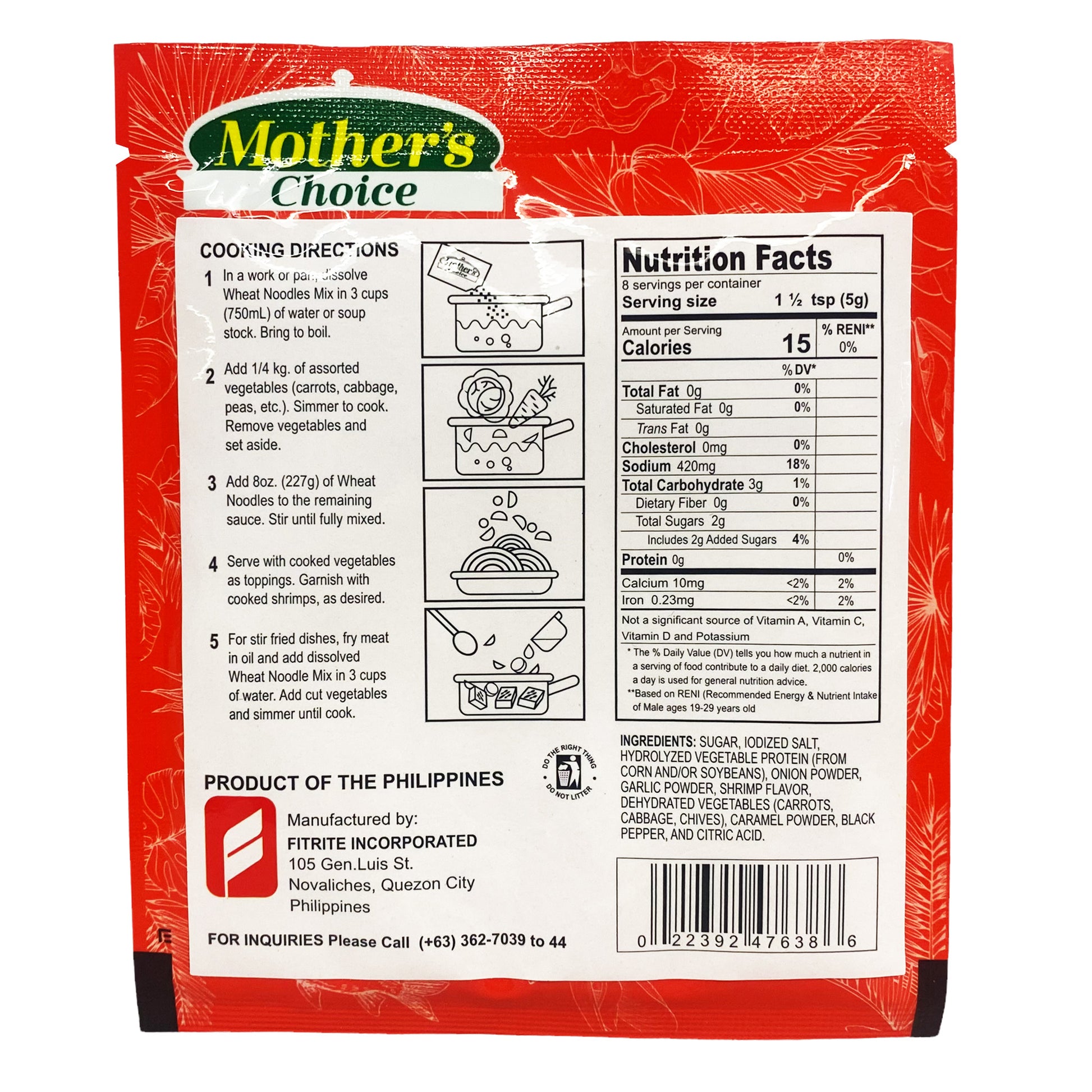 Back graphic image of Mother's Choice Wheat Noodles Sauce Mix - Pancit Canton/Chopsuey 1.4oz (40g)
