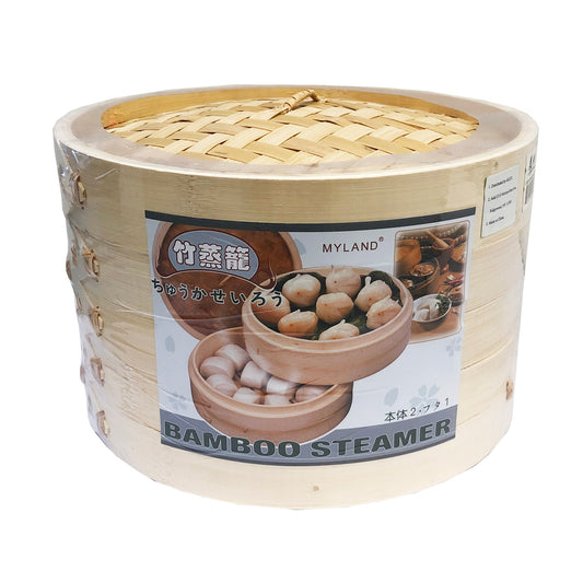 Front graphic view of My Land Chinese Bamboo Steamer set 10"