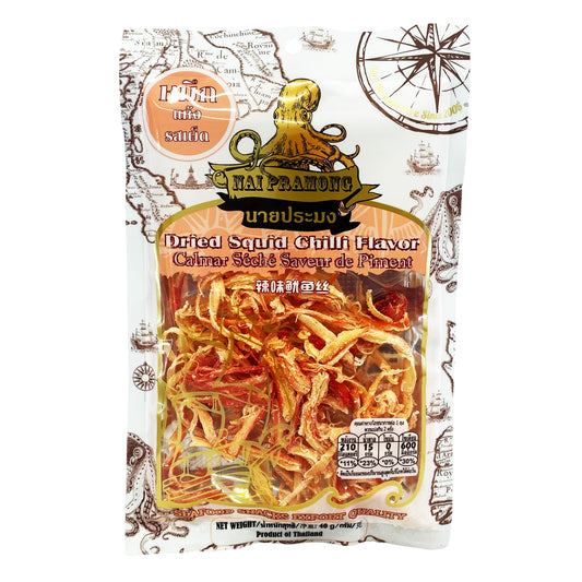 Front graphic image of Nai Pramong Dried Squid Chili Flavor 1.41oz (40g)