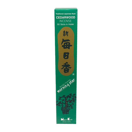 Front graphic view of Nippon Kodo Morning Star Traditional Japanese Style Incense with holder - Cedarwood (50 sticks)