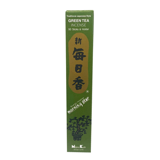 Front graphic view of Nippon Kodo Morning Star Traditional Japanese Style Incense with holder - Green Tea (50 sticks)