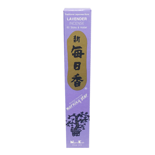 Front graphic view of Nippon Kodo Morning Star Traditional Japanese Style Incense with holder - Lavender (50 sticks)