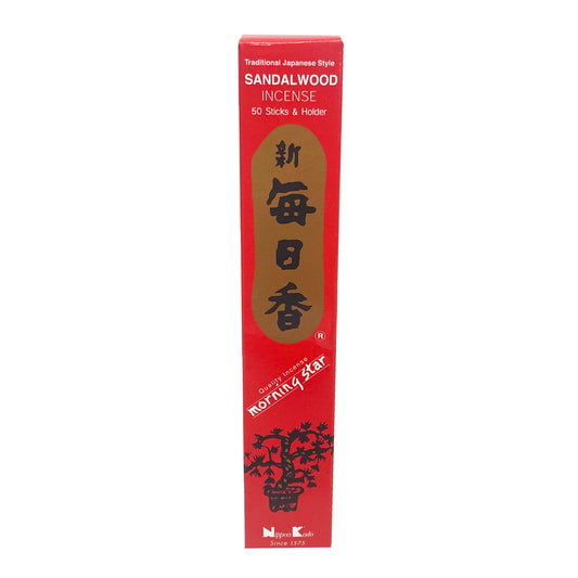 Front graphic view of Nippon Kodo Morning Star Traditional Japanese Style Incense with holder - Sandalwood (50 sticks) 