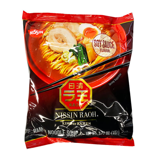 Front graphic image of Nissin Raoh - Soy Sauce Flavor 3.77oz