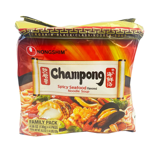 Front graphic image of Nongshim Champong Spicy Seafood Flavor Noodle Soup 18.3oz (4 Packs)