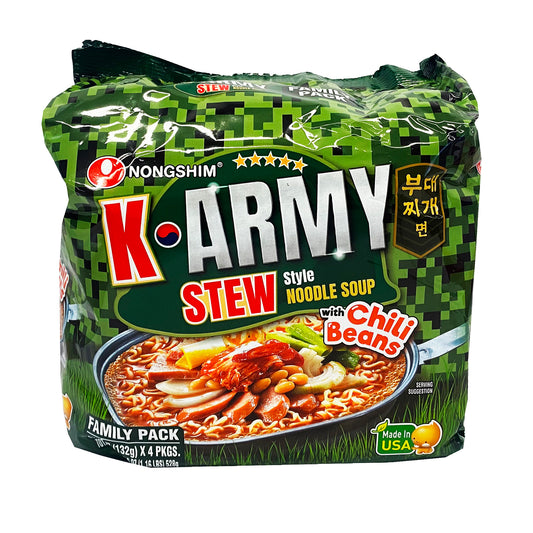 Front graphic image of Nongshim K Army Stew Style Noodle Soup 4 Packs 18.6oz