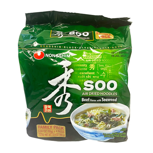 Front graphic image of Nongshim Soo Beef Flavor with Seaweed Ramen 12.9oz (368g)