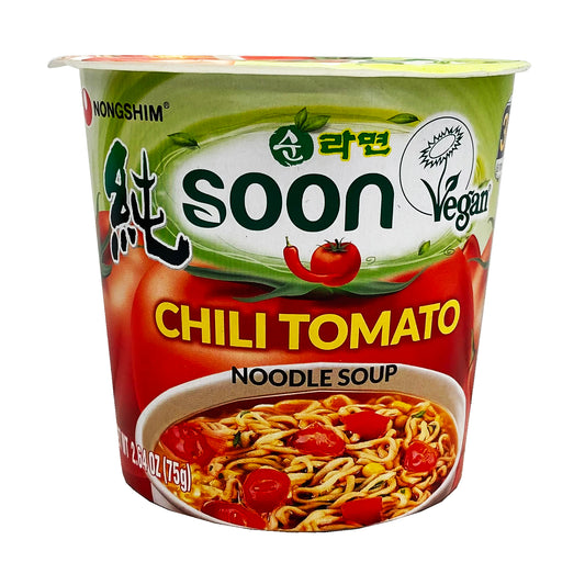 Front graphic image of Nongshim Soon Chili Tomato Veggie Noodle Soup 2.64oz (75g)