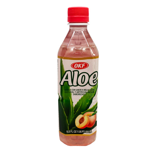 Front graphic image of OKF Aloe Vera Drink - Peach Flavor 16.9oz (500ml) 