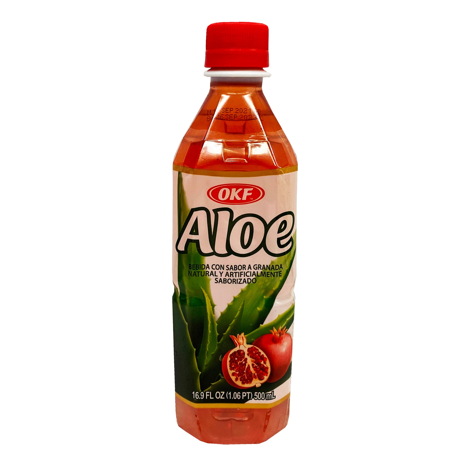 Front graphic image of OKF Aloe Vera Drink - Pomegranate Flavor 16.9oz (500ml) 