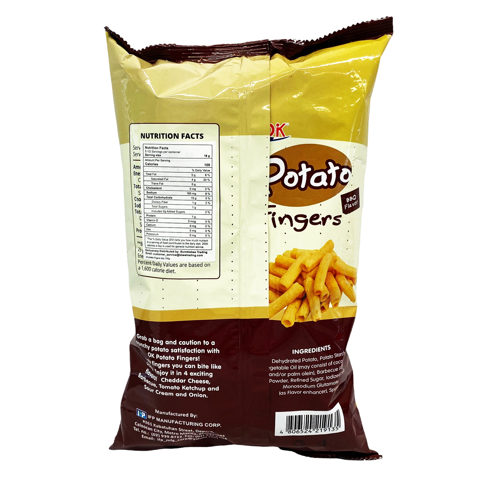 Back graphic image of OK Potato Fingers - BBQ Flavor 3.52 (100g)