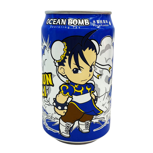 Front graphic image of Ocean Bomb Street Fighter Chun Li Sparkling Tea - Peach Flavor 11.1oz (330ml)