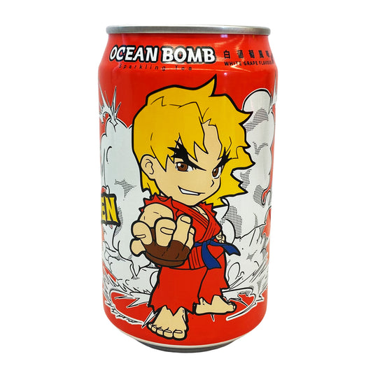 Front graphic image of Ocean Bomb Street Fighter Ken Sparkling Tea - White Grape Flavor 11.1oz (330ml)