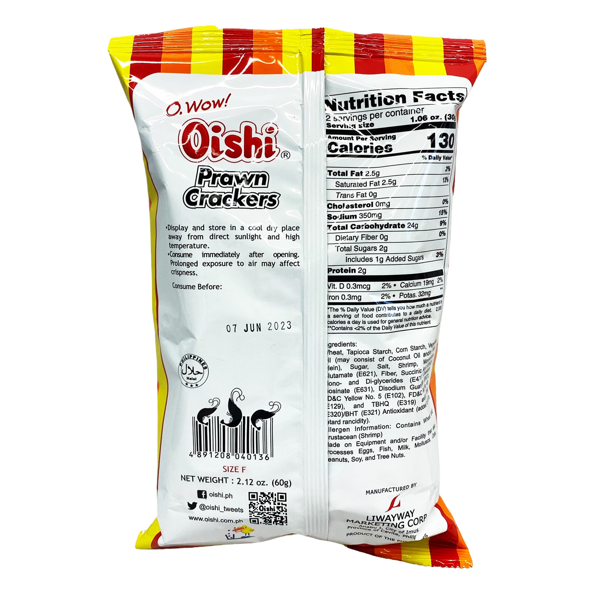 Back graphic image of Oishi Prawn Crackers Original Flavor 2.12oz