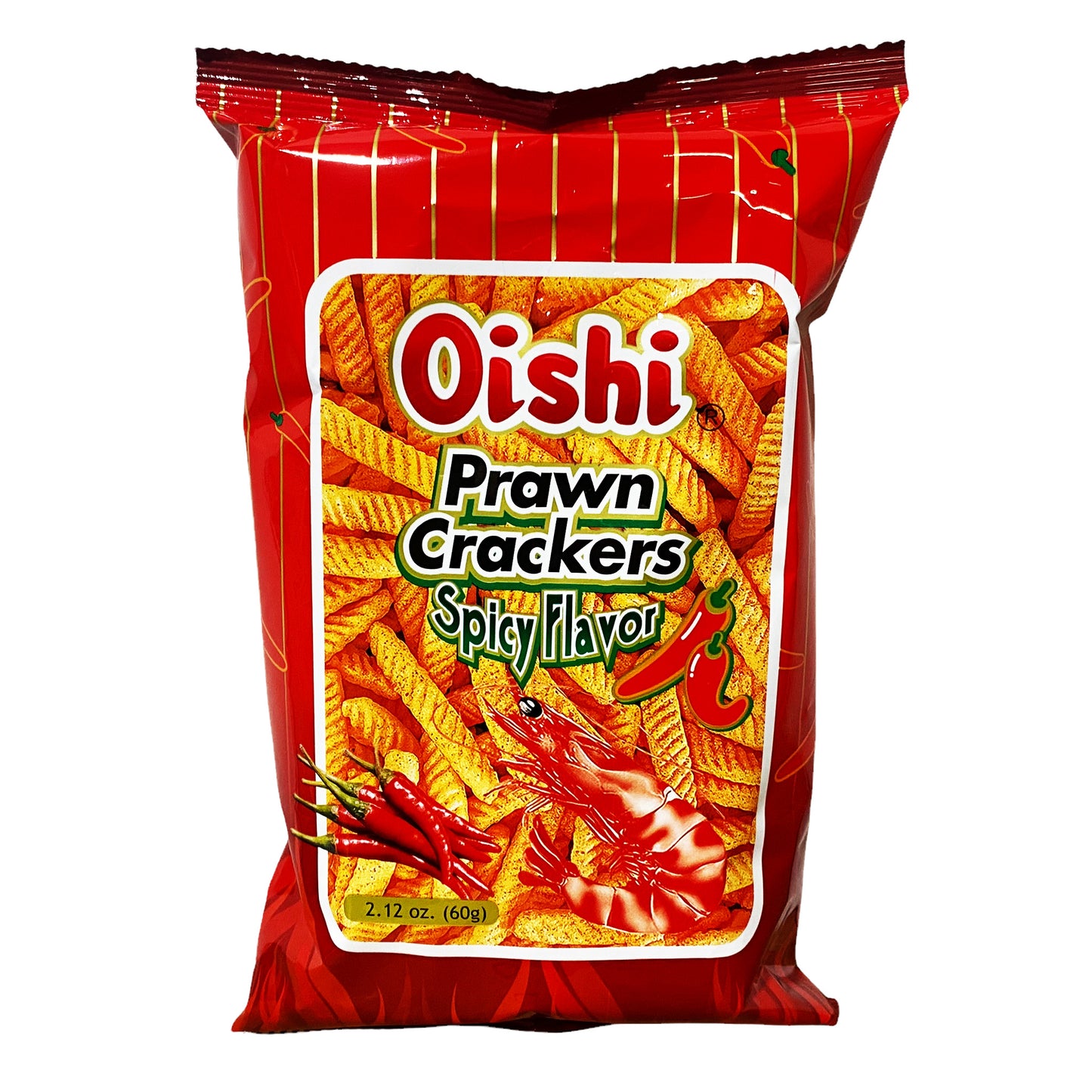 Front graphic image of Oishi Prawn Crackers Spicy Flavor 2.12oz