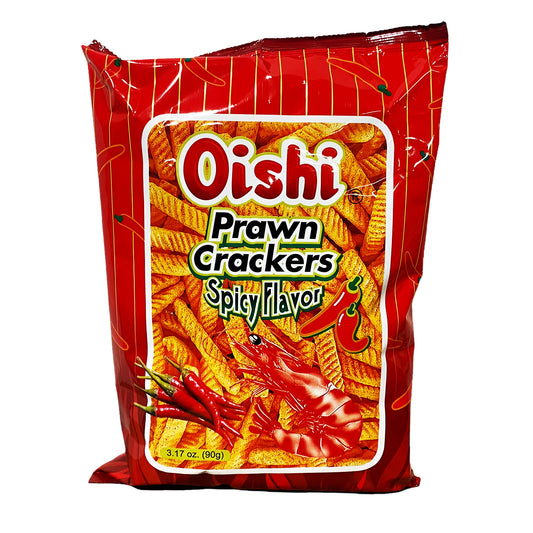 Front graphic image of Oishi Prawn Crackers Spicy Flavor 3.17oz