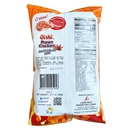 Back graphic image of Oishi Prawn Crackers Sweet And Extra Hot 2.12oz