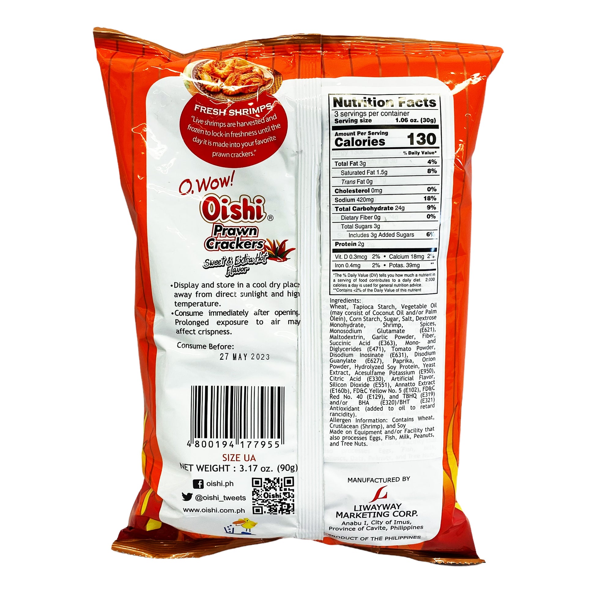 Back graphic image of Oishi Prawn Crackers Sweet And Extra Hot 3.17oz (90g)