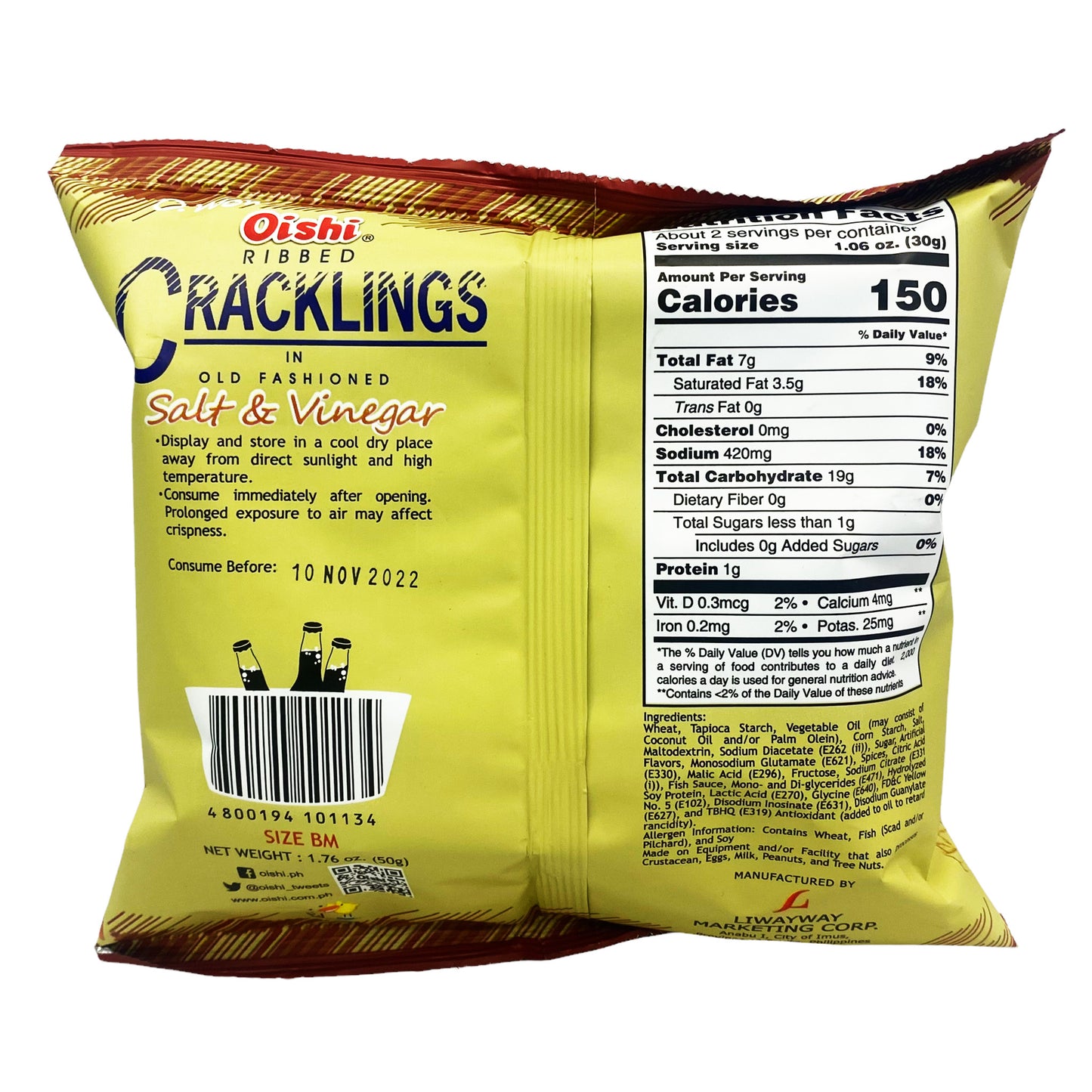 Back graphic image of Oishi  Ribbed Cracklings - Salt & Vinegar Flavor 1.76oz