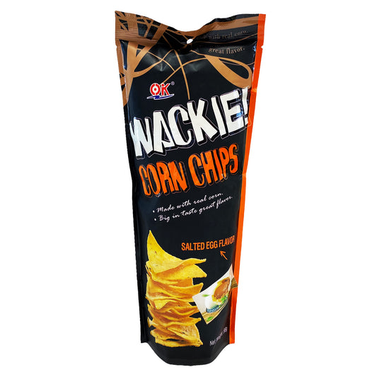 Front graphic image of Ok Wackie Corn Chips - Salted Egg Flavor 3.45oz (98g)