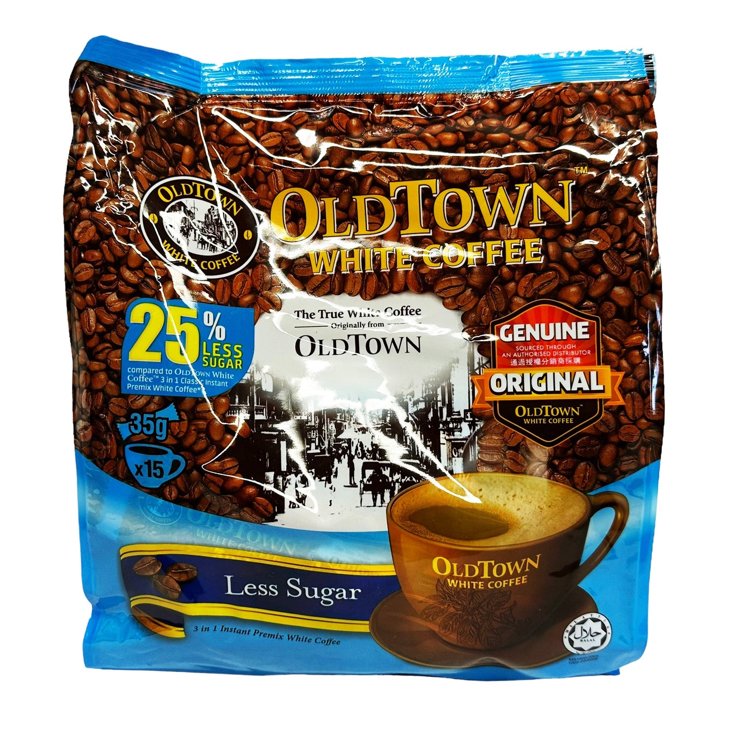Front graphic image of Old Town 3 In 1 White Coffee - Less Sugar 21.16oz