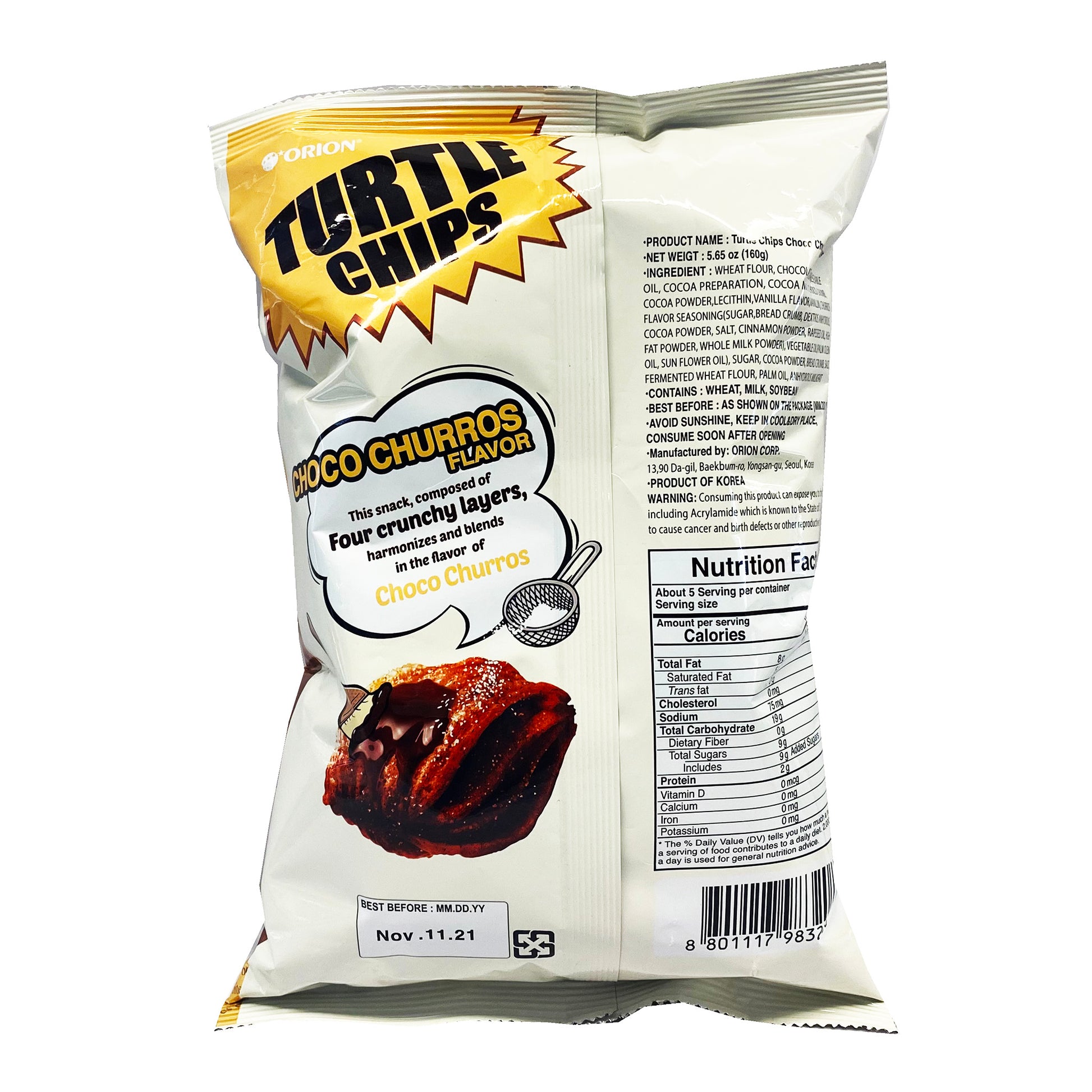 Back graphic image of Orion Turtle Chips - Choco Churros Flavor 5.65oz