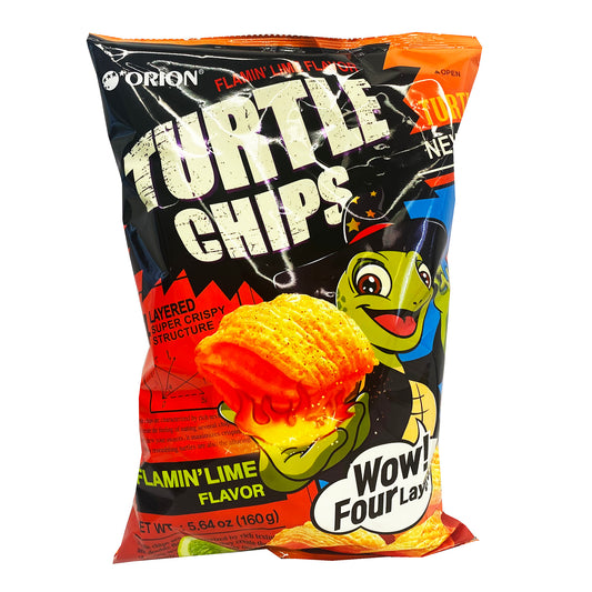 Front graphic image of Orion Turtle Chips - Flamin' Lime Flavor 5.65oz