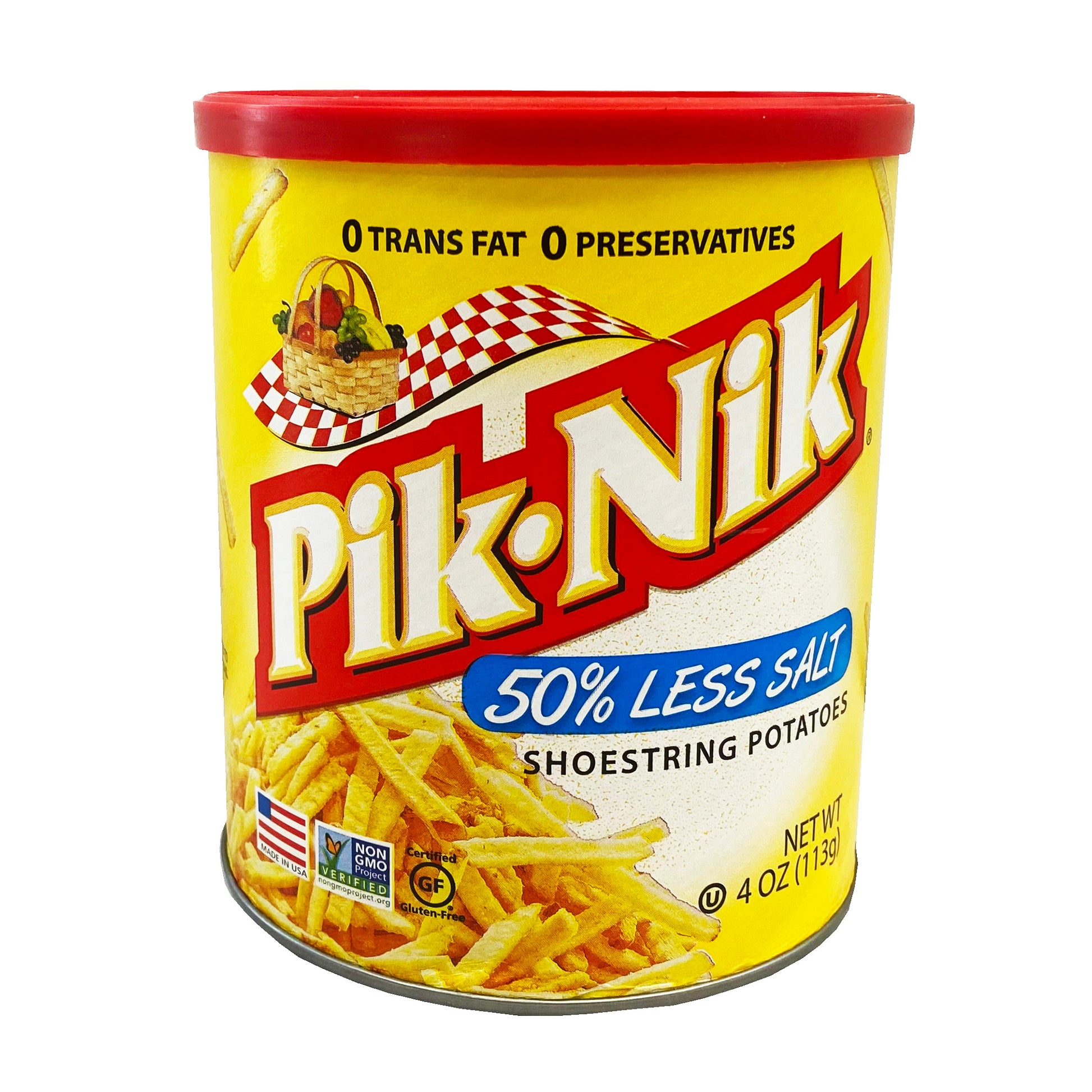 Front graphic image of Pik-Nik Original Shoestring Potatoes Less Salt 4oz