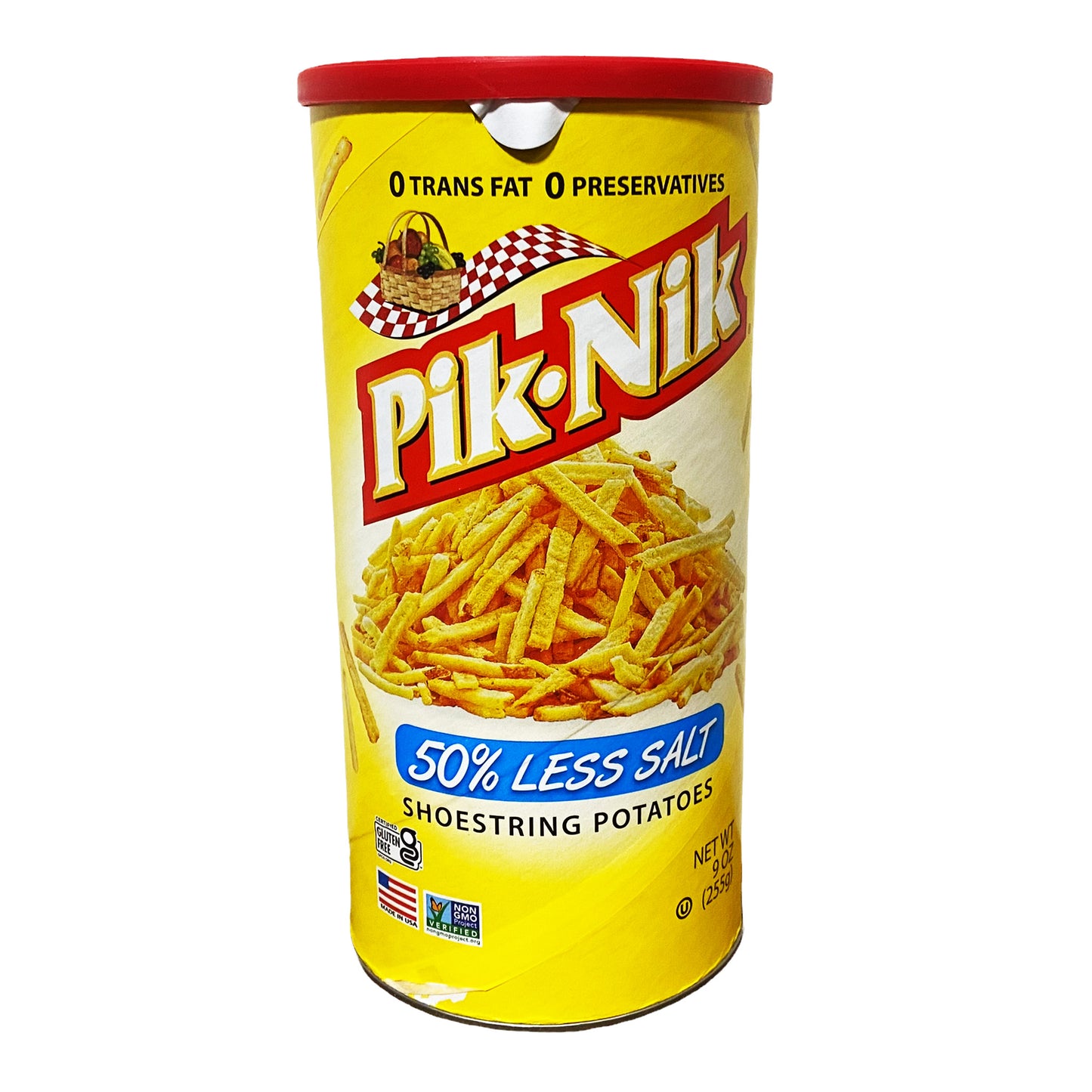 Front graphic image of Pik-Nik Original Shoestring Potatoes Less Salt 9oz