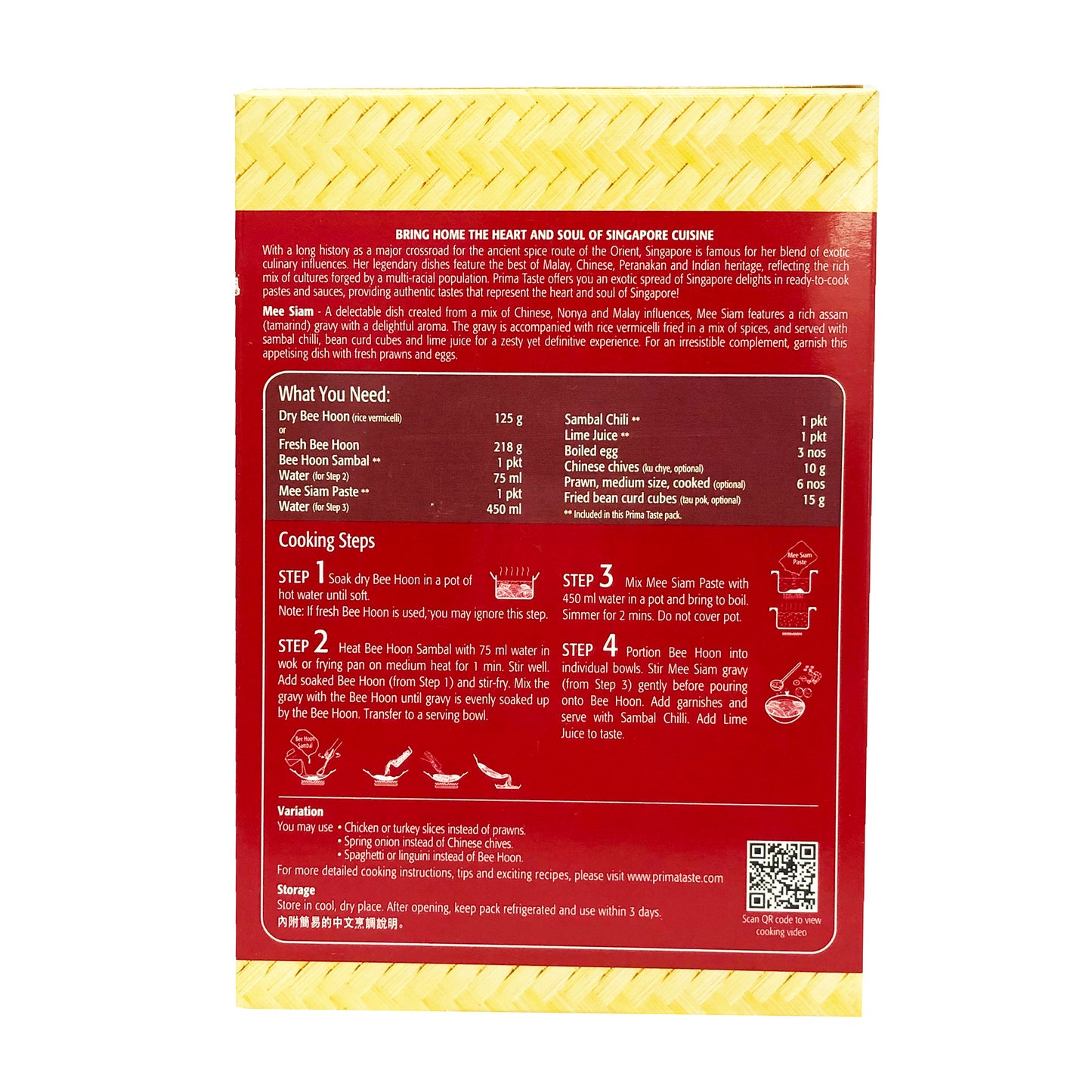 Back graphic image of Prima Taste Mee Siam Sweet & Tangy Vermicelli Sauce Kit 10.05oz