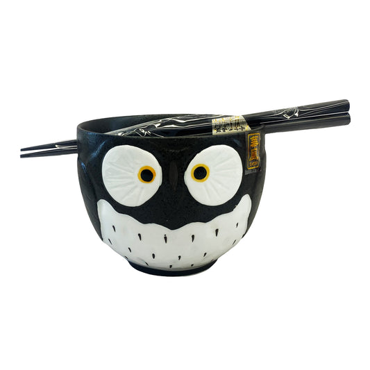 Front graphic view of Ramen Bowl with Chopsticks - Black Owl 5"Dx4"H 18oz 