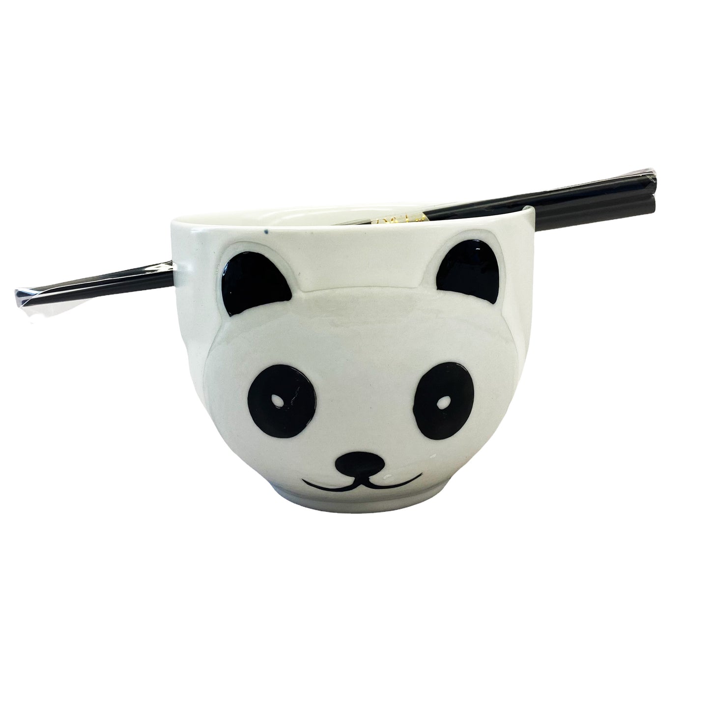 Front graphic view of Ramen Bowl with Chopsticks - White Panda 5"Dx4"H 18oz