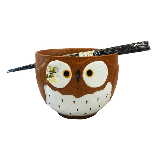 Front graphic view of Ramen Bowl with Chopsticks - Yellow Owl 5"Dx4"H 18oz 