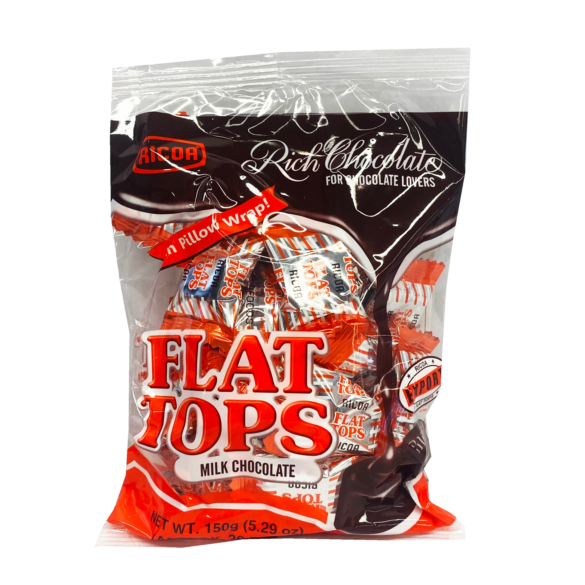 Front graphic image of Ricoa Flat Tops Milk Chocolate Candy 5.29oz