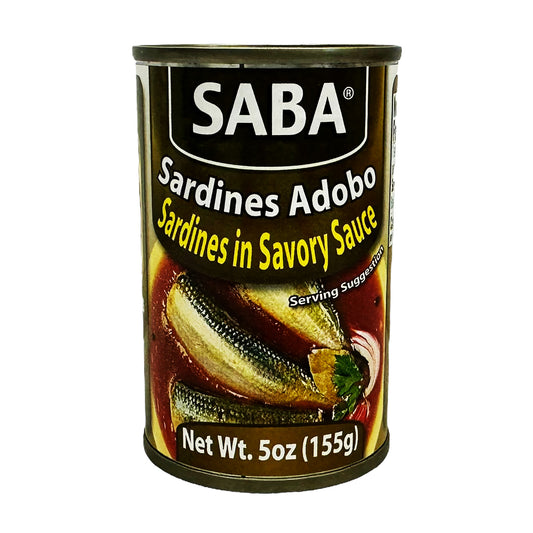 Front graphic image of Saba Adobo Sardines in Savory Sauce 5oz (155g)