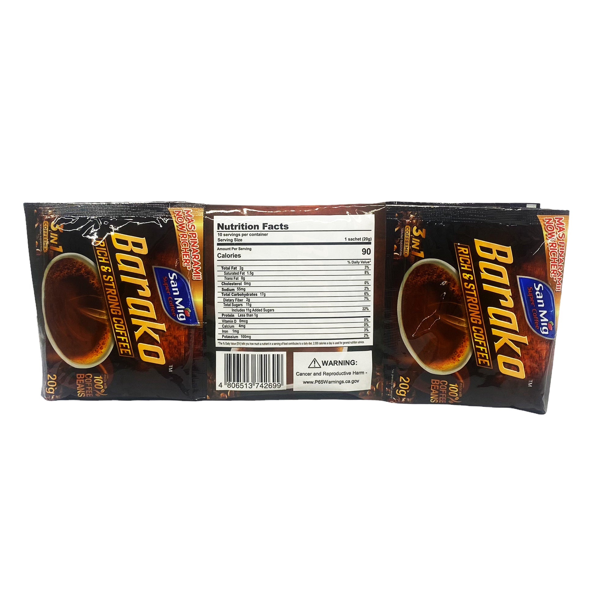 Back graphic image of San Miguel 3 In 1 Coffee Mix - Barako Coffee 10 Sachets 7.05oz (200g) 