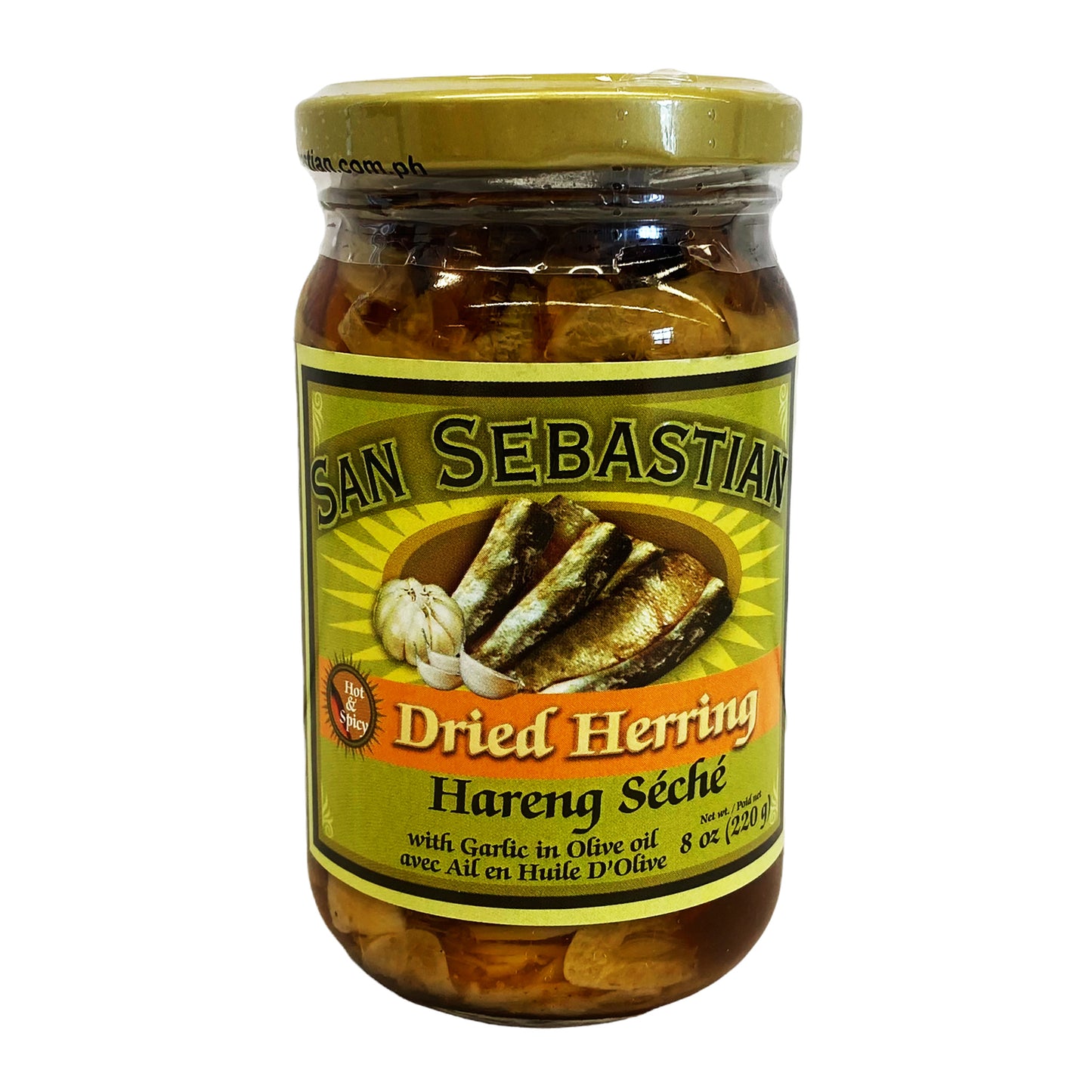 Front graphic image of San Sebastian Dried Herring With Garlic In Olive Oil - Hot & Spicy 8oz (220g)