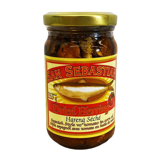 Front graphic image of San Sebastian Dried Herring with Tomato in Corn Oil 8oz (220g)