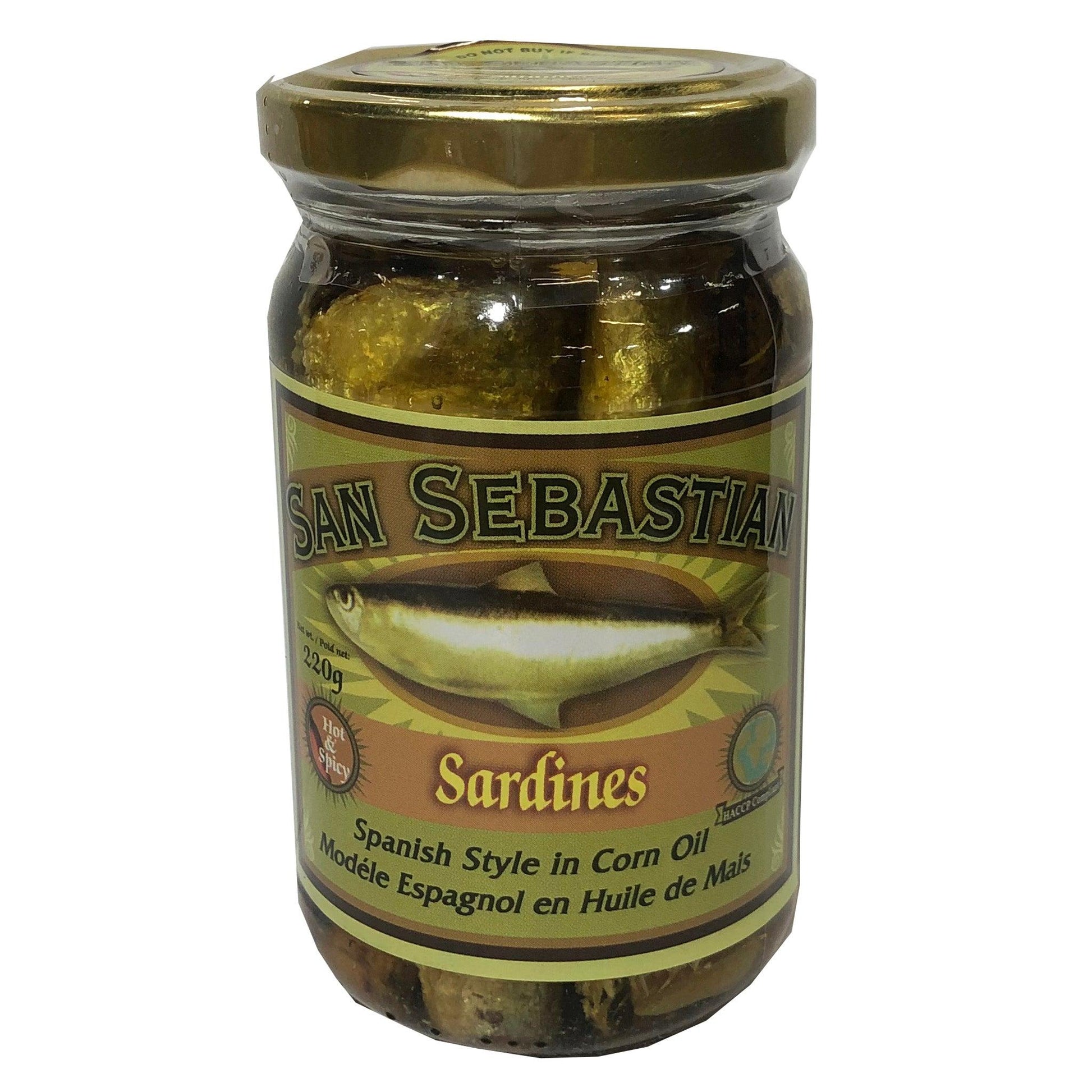 Front graphic image of San Sebastian Spanish Sardines In Corn Oil - Hot And Spicy 8oz