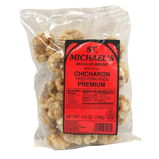 Front graphic image of St. Michael's Chicharon Fried Pork Rinds Premium 3.5oz