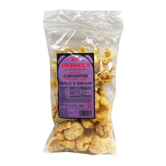 Front graphic image of St. Michael's Fried Pork Rinds Chicharon - Garlic and Vinegar 3.5oz