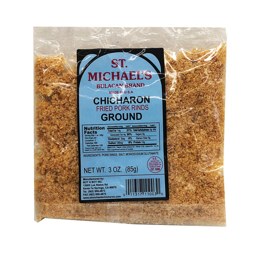 Front graphic image of St. Michael's Fried Pork Rinds Ground Chicharon 3oz