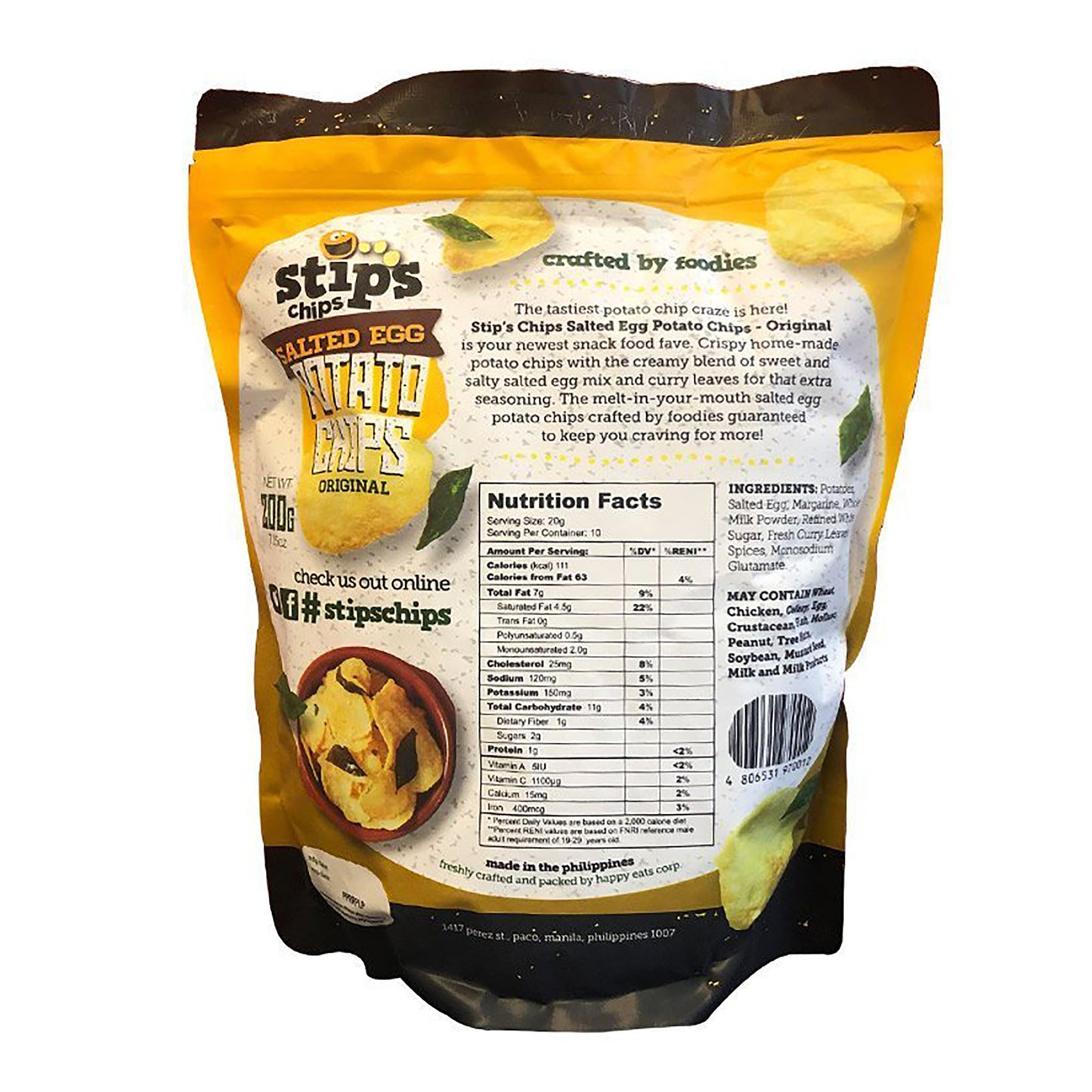 Back graphic image of Stips Salted Egg Potato Chips - Original 7.05oz