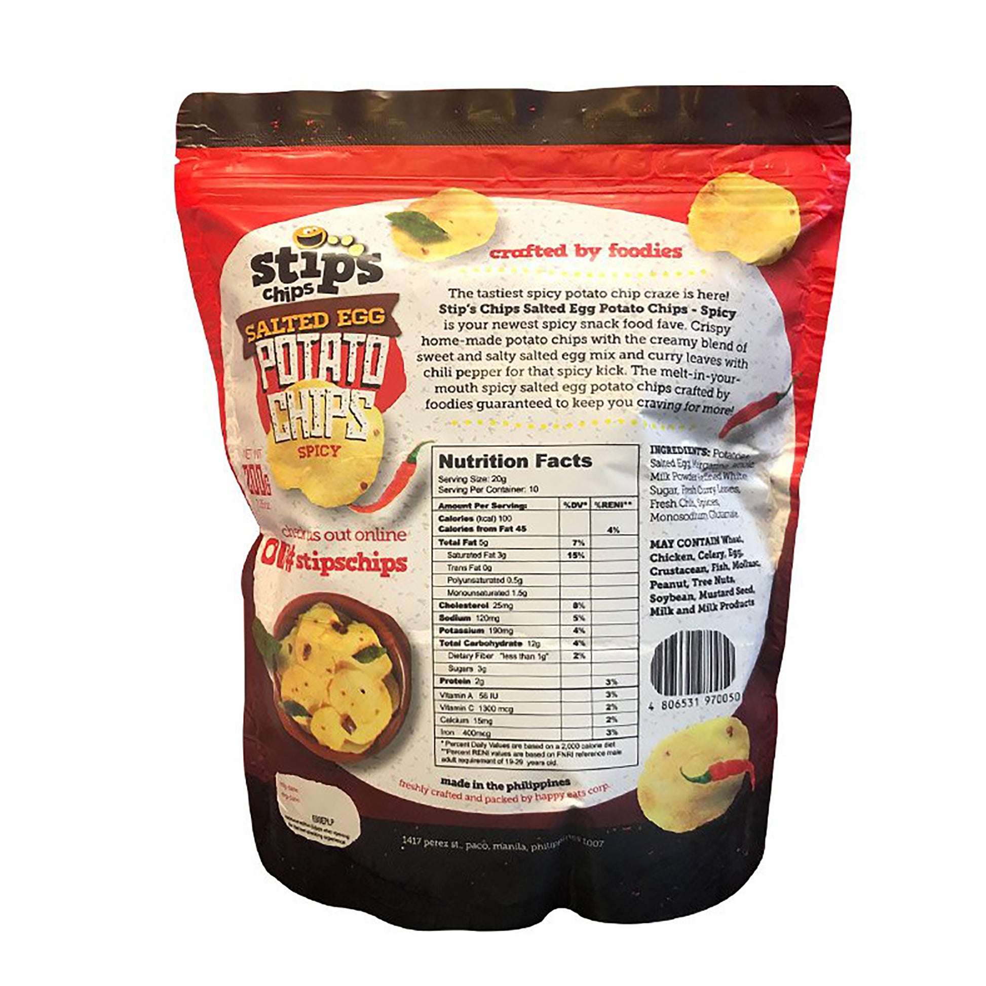 Back graphic image of Stips Salted Egg Potato Chips - Spicy 7.05oz
