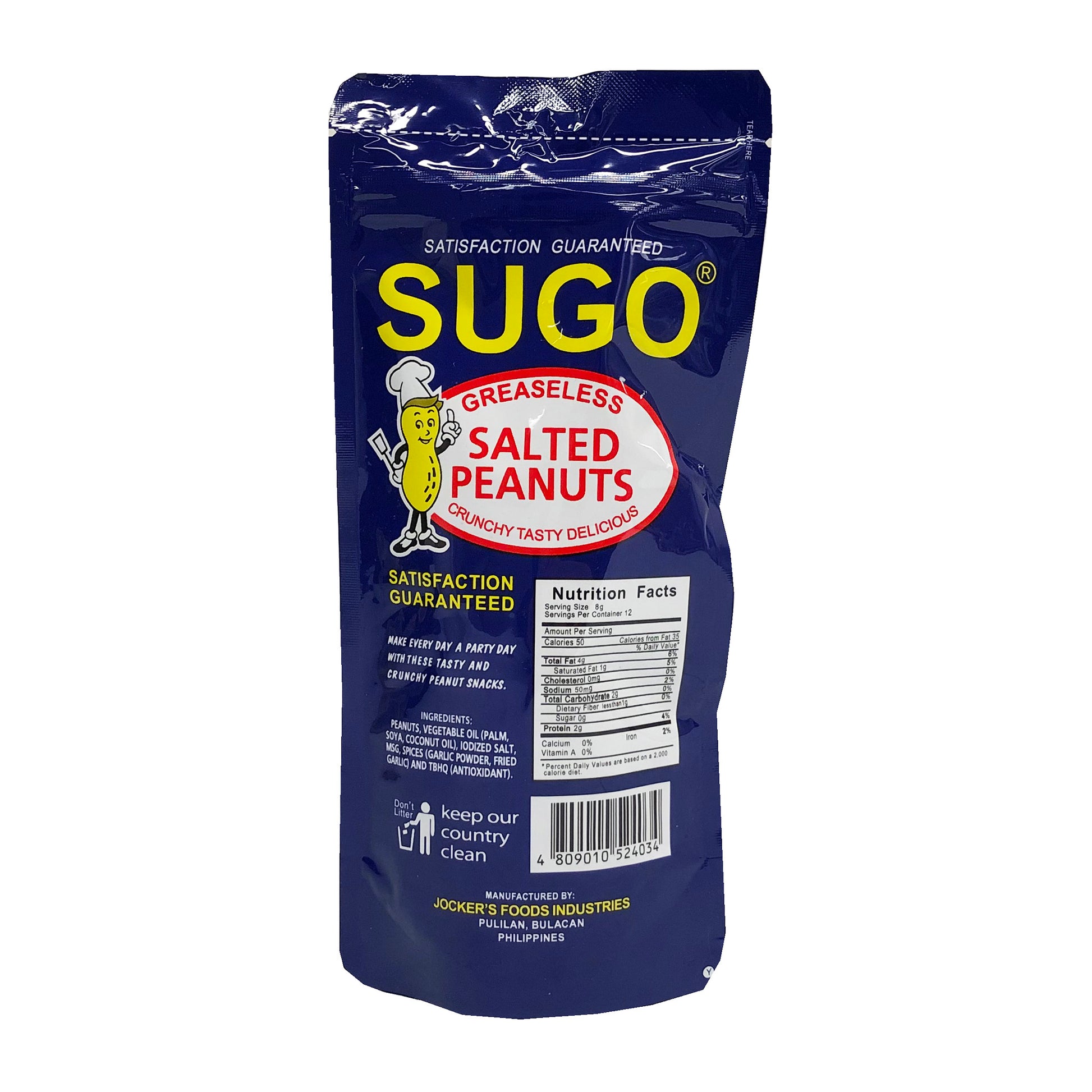 Back graphic image of Sugo Salted Peanuts Garlic Flavor 3.53oz