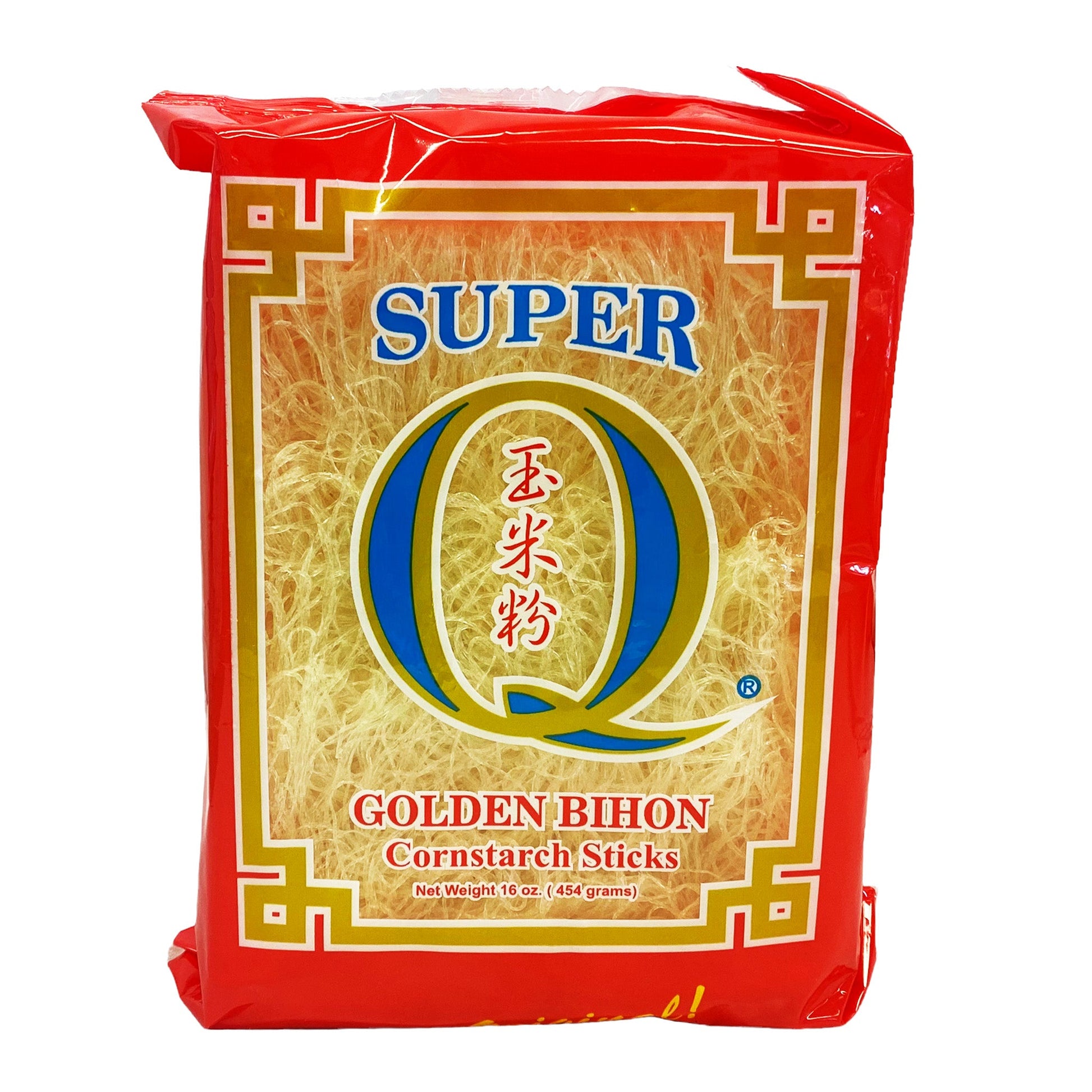 Front graphic view of Super Q Cornstarch Stick Noodle - Golden Bihon 16oz