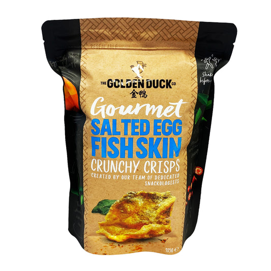 Front graphic image of The Golden Duck Salted Egg Fish Skin Crunchy Crisps 3.7oz (105g)