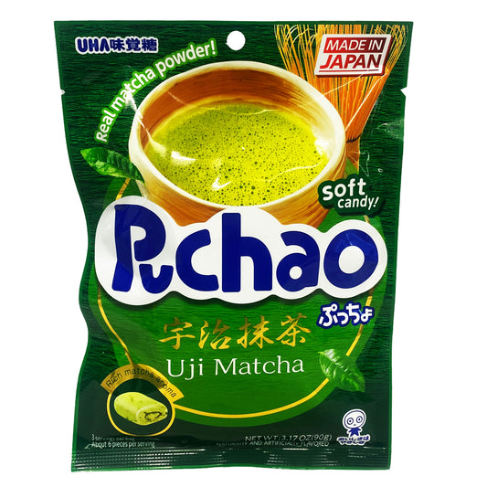 Front graphic image of UHA Puchao Soft Candy - Uji Matcha Flavor 3.17oz (90g)