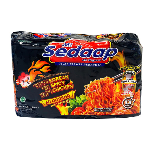 Front graphic image of Wings Food Mie Sedaap Mie Goreng Korean Spicy Chicken Fried Noodles 5 Pack 15.3oz